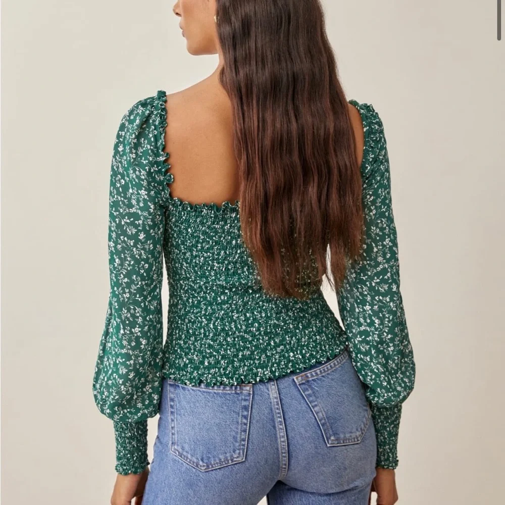 Reformation Green Floral Smocked Square-Neck Blouse